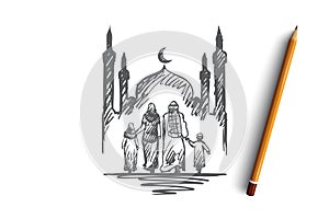 Religion, family, muslim, arabic, islam, mosque concept. Hand drawn isolated vector.