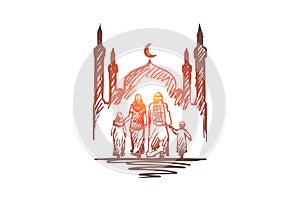 Religion, family, muslim, arabic, islam, mosque concept. Hand drawn isolated vector. photo