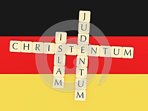 Religion In Germany: Letter Tiles Creating The German Words Islam, Judentum Judaism, Christentum Christianity