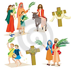 Religion holiday palm sunday before easter, celebration of the entrance of Jesus into Jerusalem, happy people with