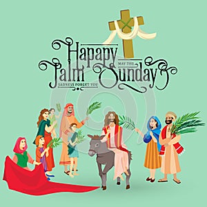 Religion holiday palm sunday before easter, celebration of the entrance of Jesus into Jerusalem, happy people with