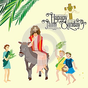 Religion holiday palm sunday before easter, celebration of the entrance of Jesus into Jerusalem, happy people with