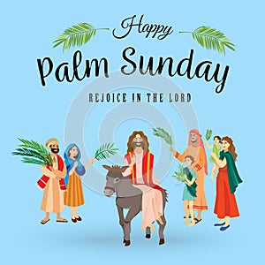 Religion holiday palm sunday before easter, celebration of the entrance of Jesus into Jerusalem, happy people with