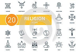 Religion icon set. Collection of simple elements such as the judaism, christianity, islam, paganism, atheism, raining