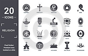 religion icon set. include creative elements as blasphemy, monk, eye of ra, christian, cross, confucianism filled icons can be photo