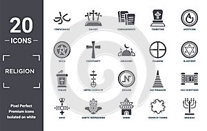 religion icon set. include creative elements as confucianism, asceticism, paganism, nihilism, semitic neopaganism, tribune filled