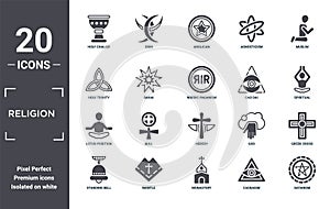 religion icon set. include creative elements as holy chalice, muslim, cao dai, heresy, mantle, lotus position filled icons can be