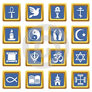 Religion icons set blue square vector