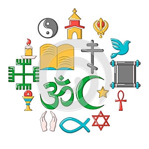 Religion icons set, cartoon style