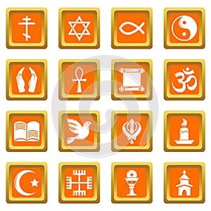 Religion icons set orange square vector