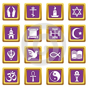Religion icons set purple square vector