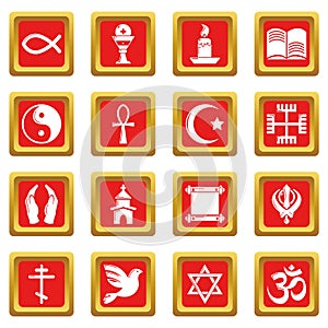 Religion icons set red square vector