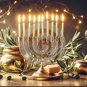 Religion image of Hanukkah ( oil miracle ) background with menorah.