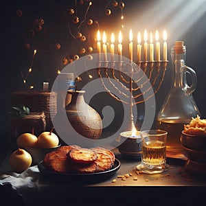 Religion image of Hanukkah ( oil miracle ) background with menorah.