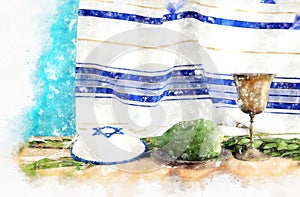 Religion image of Jewish festival of Sukkot. Traditional symbols The four species: Etrog, lulav, hadas, arava. white background