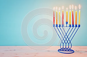 religion image of jewish holiday Hanukkah background with menorah & x28;traditional candelabra& x29;
