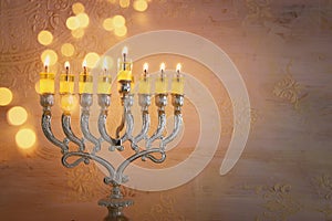 Religion image of jewish holiday Hanukkah background with menorah & x28;traditional candelabra& x29;
