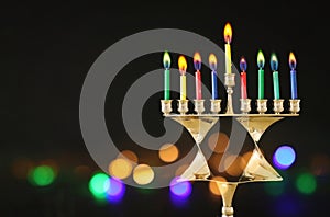 Religion image of jewish holiday Hanukkah background with menorah & x28;traditional candelabra& x29; and candles