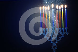 Religion image of jewish holiday Hanukkah background with menorah & x28;traditional candelabra& x29; and candles