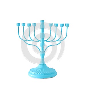 religion image of jewish holiday Hanukkah with blue menorah & x28;traditional candelabra& x29; isolated over white background