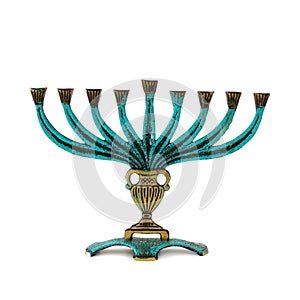 religion image of jewish holiday Hanukkah with brass menorah & x28;traditional candelabra& x29; isolated over white background