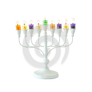 religion image of jewish holiday Hanukkah with white menorah & x28;traditional candelabra& x29;