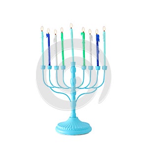 religion image of jewish holiday Hanukkah with white menorah & x28;traditional candelabra& x29;