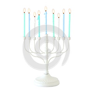 religion image of jewish holiday Hanukkah with white menorah & x28;traditional candelabra& x29;