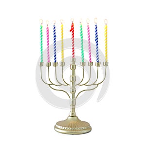 religion image of jewish holiday Hanukkah with white menorah & x28;traditional candelabra& x29;