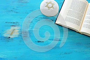 Religion image of Prayer book jewish religious symbols. Rosh hashanah jewish New Year holiday, Shabbat and Yom kippur concept