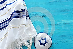 Religion image of Prayer Shawl - Tallit jewish religious symbol. Rosh hashanah jewish New Year holiday, Shabbat and Yom kippur photo