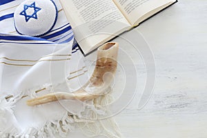 Religion image of Prayer Shawl - Tallit, Prayer book and Shofar horn jewish religious symbols. Rosh hashanah jewish New Year