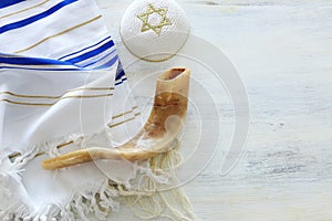 Religion image of Prayer Shawl - Tallit, Prayer book and Shofar horn jewish religious symbols. Rosh hashanah jewish New Year