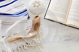 Religion image of Prayer Shawl - Tallit, Prayer book and Shofar horn jewish religious symbols. Rosh hashanah jewish New Year