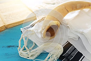 Religion image of Prayer Shawl - Tallit, Prayer book and Shofar horn jewish religious symbols. Rosh hashanah jewish New Year