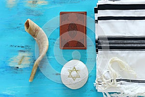 Religion image of Prayer Shawl - Tallit, Prayer book and Shofar horn jewish religious symbols. Rosh hashanah jewish New Year