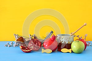 Religion image of Rosh hashanah jewish New Year holiday concept. Traditional symbols