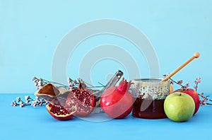 Religion image of Rosh hashanah jewish New Year holiday concept. Traditional symbols