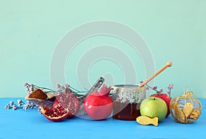 Religion image of Rosh hashanah jewish New Year holiday concept. Traditional symbols