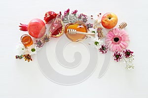 Religion image of Rosh hashanah jewish New Year holiday concept. Traditional symbols