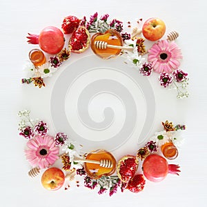 Religion image of Rosh hashanah jewish New Year holiday concept. Traditional symbols photo