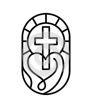 Religion line cross and heart in church. Vector logo icon illustration isolated. Jesus Christ on Calvary is center