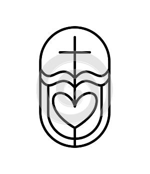 Religion line cross, heart and open book Bible in church. Vector logo icon illustration isolated. Jesus Christ on