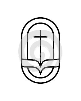 Religion line cross and open book Bible in church. Vector Logo icon Illustration Isolated. Jesus Christ on Calvary is