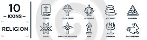 religion linear icon set. includes thin line gospel, ayyavazhi, caodaism, christian reformed church, menorah, easter bunny, bahai photo