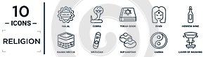 religion linear icon set. includes thin line halal, torah book, hebrew wine, mezuzah, karma, laver of washing, kaaba mecca icons