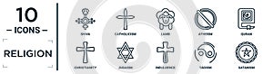 religion linear icon set. includes thin line shiva, lamb, quran, judaism, taoism, satanism, christianity icons for report,