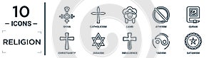 religion linear icon set. includes thin line shiva, lamb, quran, judaism, taoism, satanism, christianity icons for report, photo