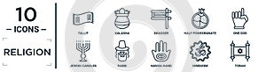 religion linear icon set. includes thin line tallit, gragger, one god, rabbi, hinduism, torah, jewish candles icons for report,