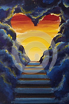 Religion painting Stairway to Heaven. Stairs in sky. Concept with sun rays. Religion background